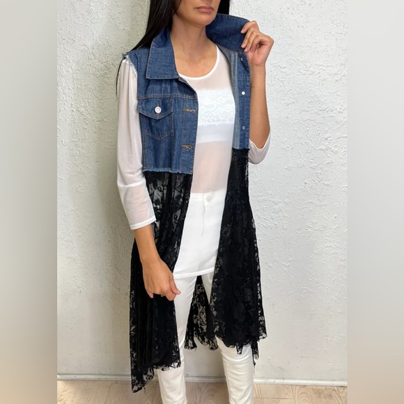 ORIGAMI Denim Vest Black Lace Bottom Boho Western Layering Piece Plus Size - Picture 13 of 13